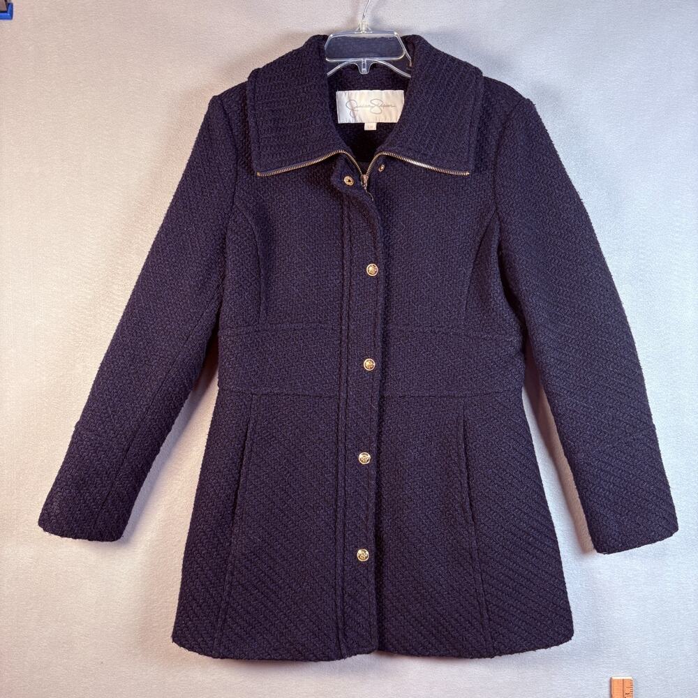 Jessica Simpson‎ Navy Tweed Peacoat Gold Button Zip Collar Size Large